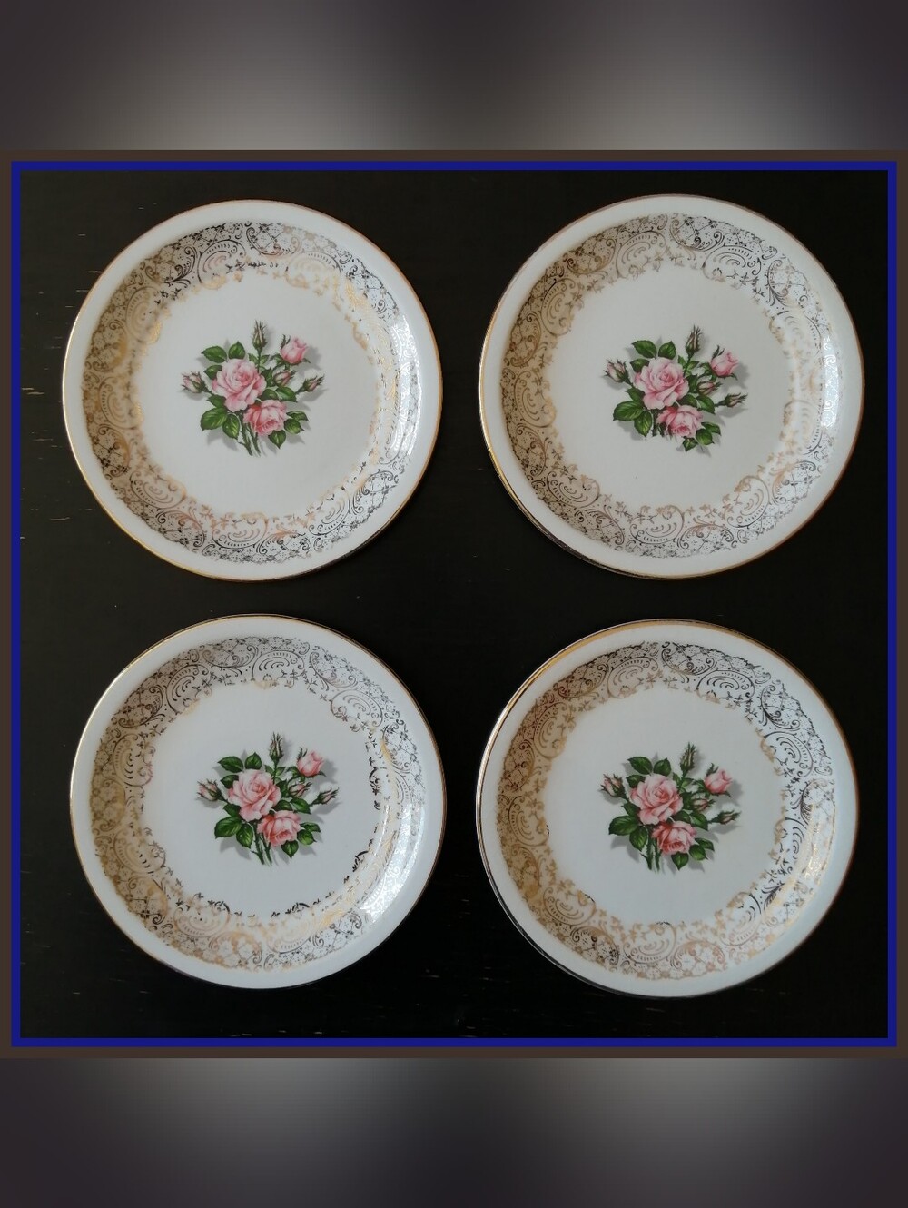 Vintage "Tudor Rose" Side Dessert Plates Pink Rose Center 22K Gold Filigree Trim
